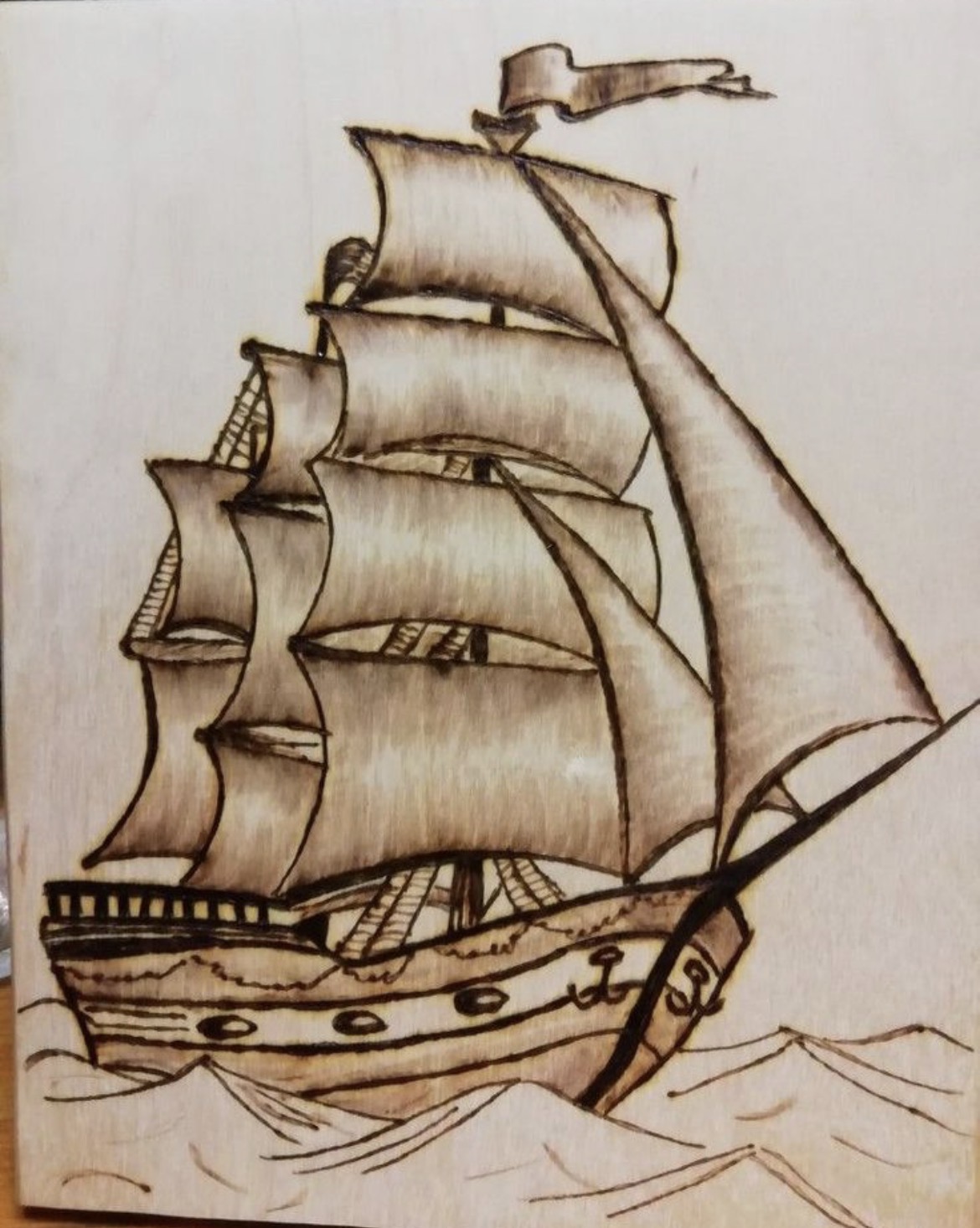 Segelschiff als Pyrographie